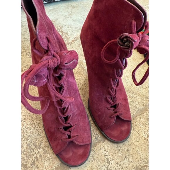 Coach Burgundy Suede Peep-Toe Lace-Up Stiletto Booties Size 9 - Picture 9 of 10